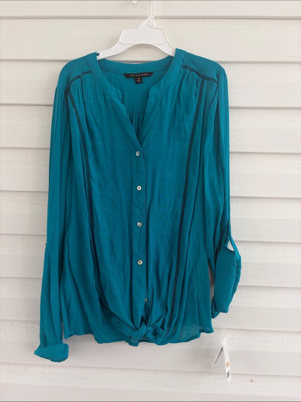 Zac & Rachel Teal Button Front Blouse NWT Size M | Roll Tab Sleeve Career Top